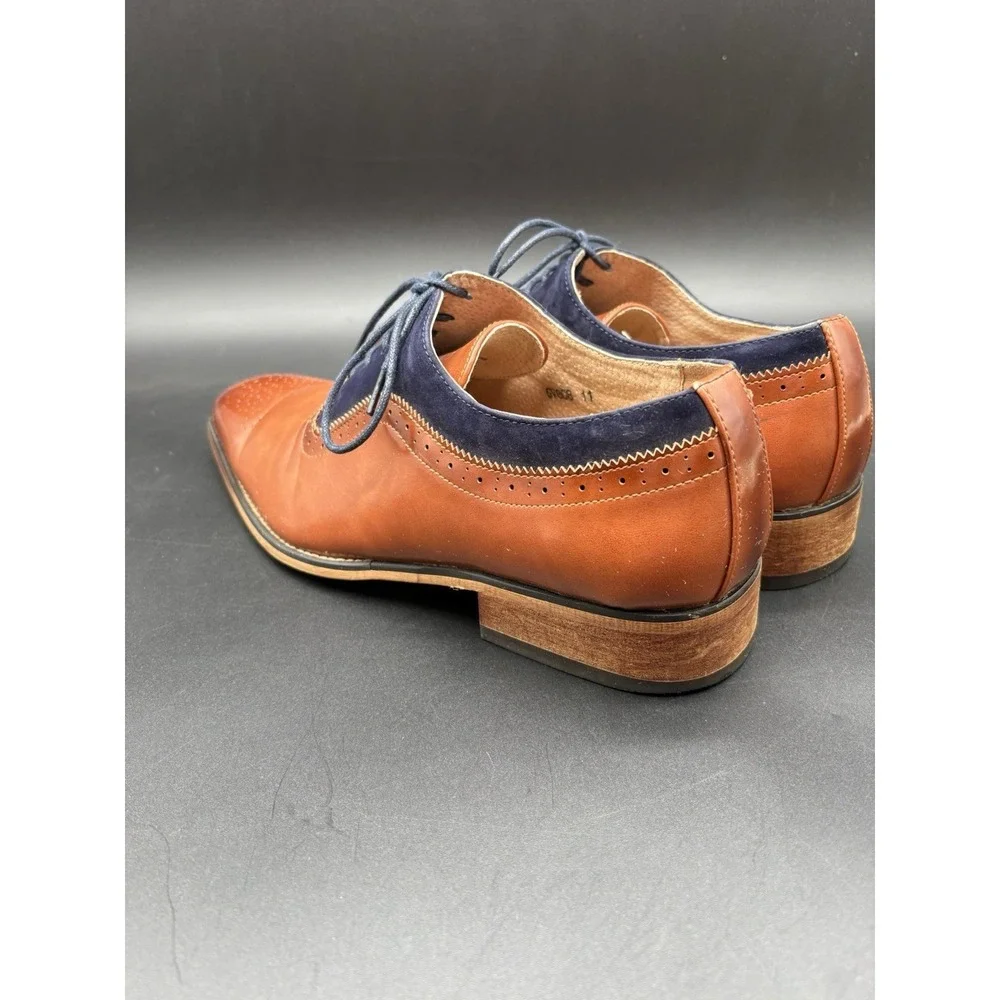 Gino Vitale Oxford Mens 11 Tan Navy Blue Excellent‎ Two Tone Brogue Dress Shoes